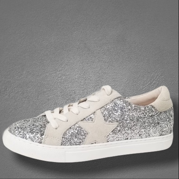 Silver Glitter Lace Up White Star Platform Sneaker - Picture 2 of 7
